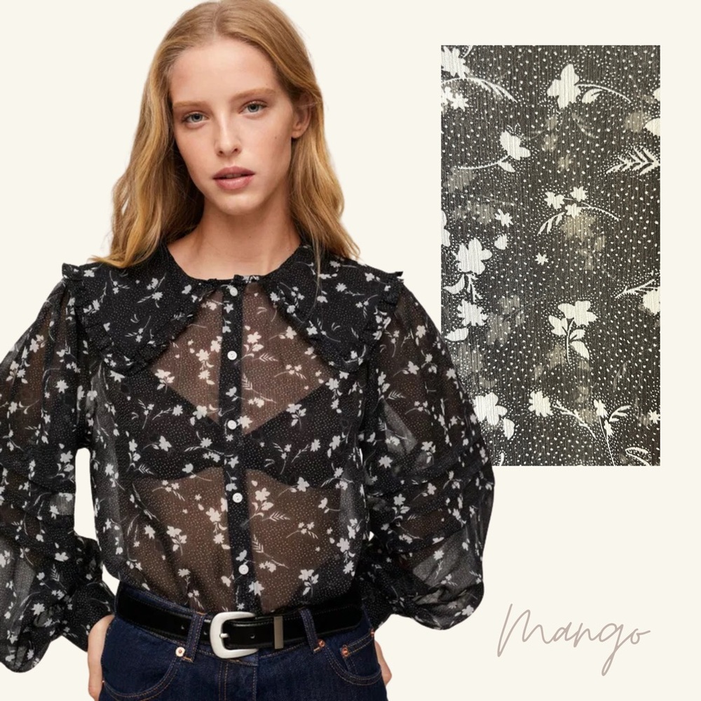 Mango Babydoll Collar Blouse – Sheer Black with White Floral, Size L, NWOT
